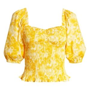 Open Edit Yellow Ballon Puff Sleeve Smocked Top with Floral Print in Women's XS